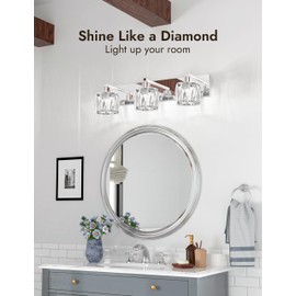 VOLISUN Crystal Vanity Lights for Bathroom, 3 Light Bathroom Vanity Light, Modern Stainless Steel Bathroom Light Over Mirror, Chrome Bathroom Light Fixtures-UL Certificated(Exclude Bulb)