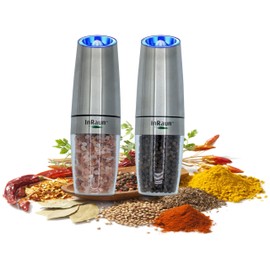 Gravity Electric Salt and Pepper Grinder Set, Stainless Steel Pepper and Salt Mills Shakers, Adjustable Coarseness, Battery Powered with LED Light, One Hand Automatic Operation, Silver (2Psc)