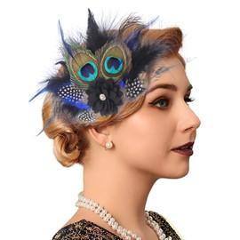 Flayem 1920s Feather Hair Clip Fascinator Gastby Flower Rhinestone Pearl Prom Costume Hair Accessory for Women (Black-Blue)