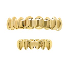 Careland 24k Plated Gold Grillz 8 Teeth Mouth Top and Bottom Grills Set Shiny Hip Hop Teeth Grillz + 2 Extra Molding Bars