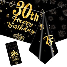 137*274cm Black Gold 30th Birthday Table Cloth for Women,Men,30th Birthday Table Decorations Plastic Tablecloths Disposable Tablecover for Woman,Men,Ladies,Him,Her 30th Birthday Gifts Party Decoration