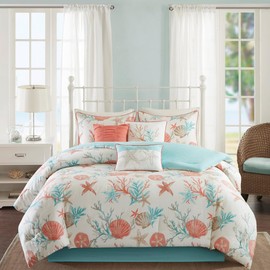 Coral & Teal Seashells, Starfish, Beach King Comforter Set (7 Piece Bed in A Bag)