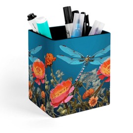 NWTRK Dragonfly And Flower Pen Holder Waterproof PU Pencil Cup Women Makeup Brush Holder Cute Office Desk Organizer Accessories for Home Office