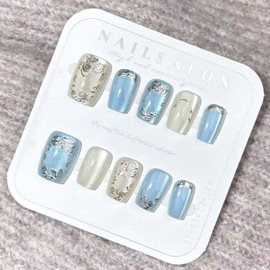 BQZQPAMZ 10pcs Blue Glitter Short Square Fake Nails Spring Press On Nails With Silver Embossed Pattern Designs Press On Fingernails for Women DIY Spring Acrylic Nail Art Supplies
