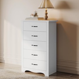 LINSY HOME Modern 5 Drawer Dresser for Bedroom, Tall Bedroom Dresser with Large Drawers and Metal Handles, Wooden Chest of Drawers, Storage Cabinet and Organizer for Living Room, Hallway, White