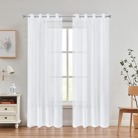 RNDRSSE Sheer Curtains Faux Linen Semi Voile Light Filtering Drapes Pair for Bedroom Living Room, Set of 2 Grommet Top Window Curtain Panels (Each 54 x 84 Inch, White)