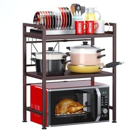 PUSDON Microwave Oven Rack, Adjustable Heavy Duty 3-Tier Shelf with 3 Hooks for Kitchen Counter Top Organizer, Holds 160lbs, Bronze
