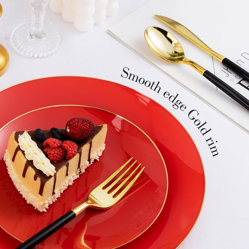 100PCS Red Gold Plastic Plates for 50 Guests, Hefty Disposable