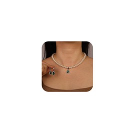 JWICOS Pearl Layered Wedding Necklace Earrings Set Boho Green Rhinestone Choker Crystal Bridal Necklace Jewelry Accessories for Women Brides Party, freesize, Alloy Steel, No Gemstone