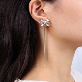 Atentuyi Long Chain Earrings Crystal Ear Cup Gold Chain Tassel Earrings Bow CZ Stud Earrings Chain Dangle Earrings Chain Drop Threader Earrings Jewellery for Women and Girls, Zinc