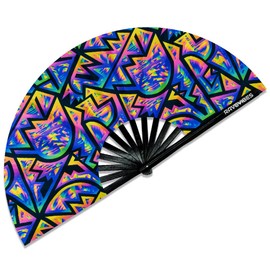 Ravevibes 13" Large Rave Fan Folding Hand Fan, Bamboo Festival Clack Fan Foldable UV Glow Edm Fans For Rave Outfits Accessories Performance Dance Party For Men Women, Wavy-4