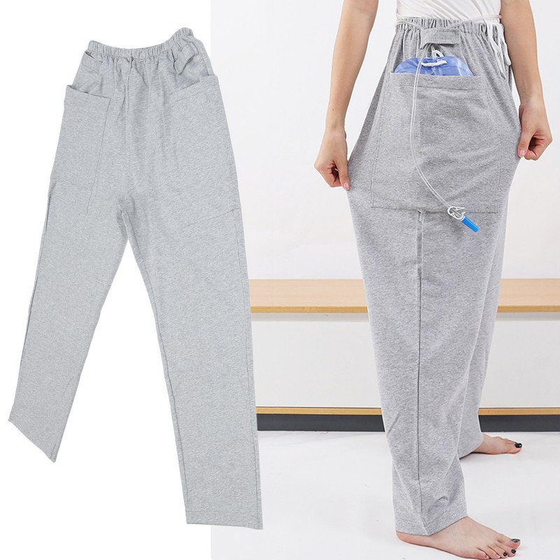 Catheter Leg Bag Pants 2 Outer Side Pockets Soft Cotton
