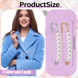 Women Brooch Pins 6 Pcs 7.8cm/3.07inch Fashion Faux Pearl Brooch Pins Sweater Shawl Clips Safety Pins Pant Waist Tightener Pearl Pins Heavy Duty Safety Pins with Box for Women Clothing Decoration