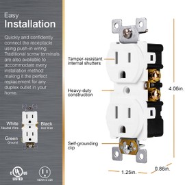 GE Grounding Duplex Outlet, In Wall Receptacle, Tamper Resistant Outlets, 3 Prong Electrical Socket, Easy Install, 15 Amp, UL Listed, White, 54263