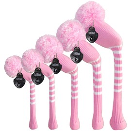 Pink Golf Head Covers for Woods 5 PCS Knit Golf Club Cover Driver Cover*1 Fairway Wood*2 Hybrid (UT)*2 Old-school Style, Big Pom-poms, Best Gift for Female