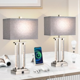 Lovlast Silver Lamps Set of 2, 3-Way Lighting Modes Bedside Silver Lamps for Nightstand, Bedroom Table Lamps with USB Charging Port & Type C, 23" Silver Table Lamp for Living Room, 2 Bulbs Included