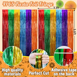 4 Packs Fiesta Party Foil Fringe Curtains with Felt Papel Picado Mexican Party Banner Metallic Tinsel Streamers Fiesta Backdrop Party Photo Booth Props Cinco De Mayo Decorations