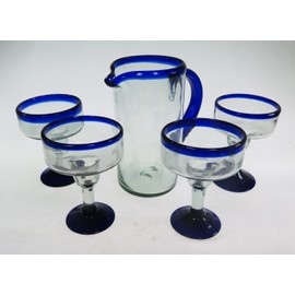 Eye4Art Mexican Margarita Glasses and Pitcher, Blue Rim (Set of 4 Glasses)