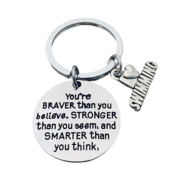 Swim Charms Keychain, Inspirational You’re Braver than you Believe, Stronger than you Seem & Smarter you Think Jewelry, Swim Gifts For Swimmers, and Teams