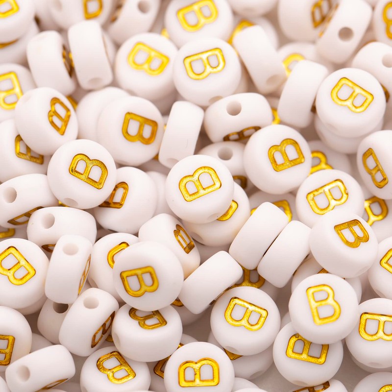 200Pcs Acrylic Letter Beads Alphabet Gold Letter B White Beads