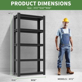 VIYET Garage Shelves, 72" H Garage Shelving Heavy Duty, 2500Lbs 5 Tier Adjustable Garage Storage Shelves Suitable for Warehouse, Basement, Workshop, Require Assembled, 16" D*36" W*72" H（Black）