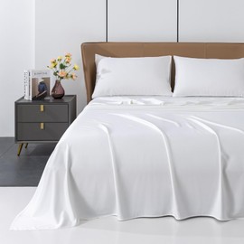 Levoo Cooling Sheets Rayon Derived from Bamboo 18"-24" Extra Deep Pocket Queen Sheets Cooling Sheets for Hot Sleepers Silky Soft 4Pcs Bed Sheets(Queen, White)