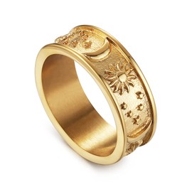HZMAN 8mm Moon Star Sun Statement Ring Stainless Steel Boho Jewelry for Women Men (Gold, 5)