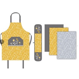 Sterling Sports 5-Piece Kitchen Set Apron, Double Oven Gloves & Tea Towels Set - Quick Dry kitchen Accessories For Baking & Cooking - Perfect Mothers Day Gifts For Baking Lovers (Mustard)