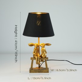 LAZHUG Kissing Bunny Lamp,H16ins Resin Gold Rabbit Table Lamp,Bedroom Bunny Night Light, Energy Efficient Nightstand Lamp,as Present for Belover (Small Black Shade)