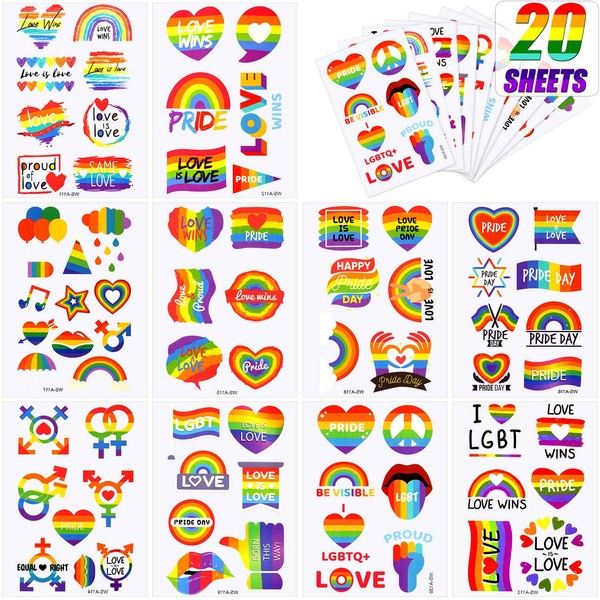20 Sheets Rainbow Gay Pride Temporary Waterproof Stickers Rainbow/Flag/Heart Body Art Sticker for Women Men LGBT Pride Birthday Party Favors Equality ParadesCelebrations