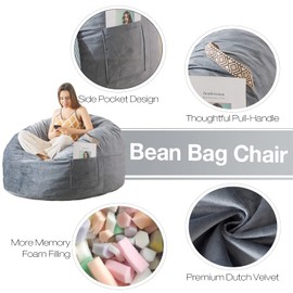EDUJIN [Removable Outer Cover] 3 ft Medium Bean Bag Chair: 3' Memory Foam Bean Bag Chairs for Adults with Filling,Bean Bags with Washable Velvet Cover,Soft Bean Bag Sofa for Teens,3 Foot,Dark Gray