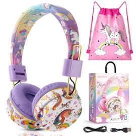 AXFEE Children's Headphones, Bluetooth, Girls' Cat Ear Headphones, Over-Ear with LED Light, Foldable Stereo Headphones, Wireless, Headphones Children with Microphone, Micro SD/TF for Mobile
