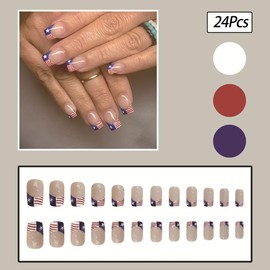 French Tip Press on Nails 4th of July Fake Nails Independence Day Short Square Design Glue on Nails Full Cover Nail Tips with Flag Star Acrylic False Nails for Women Holiday Nail Art Decoration 24Pcs
