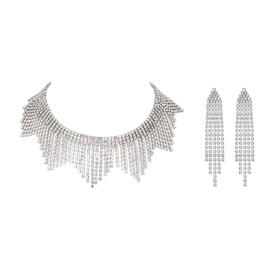 EVER FAITH Rhinestone Tassel Jewellery Set, Sparkling Crystal Fringe Chain Tassel Choker Necklace Chandelier Earrings Set, Crystal, Rhinestone