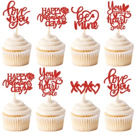Keaziu - Paquete de 35 adornos para magdalenas con texto "Happy Valentines Day", "Love You be Mine You Make My Heart", sonríe, XoXo, para decoración de tartas, suministros de boda, fiesta, color rojo