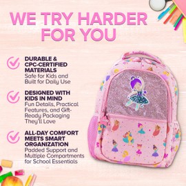 Decorably 16.5in Glittery Ballerina Backpack with Ballerina Patch and Prints, Multi-Compartment Dance Backpack for Girls with Padded Straps and Back, 3 Main Compartments, 2 Water Bottle Side Pockets
