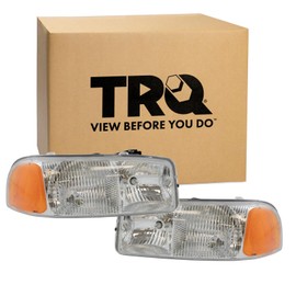TRQ Driver and Passenger Side Headlight Assembly Set Compatible with 99-07 GMC Sierra 1500 00-06 Yukon 00-06 Yukon XL 1500 99-04 Sierra 2500HD 01-06 Sierra 3500 00-06 Yukon XL 2500