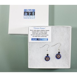 "Flower Power" Blue and Red Boho Millefiori Earrings, Dangle 1.25 Inches