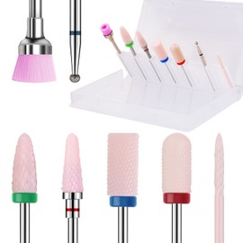 Kredioo 3/32" Ceramic Nail Drill Bits Set, 7 Pcs E File Nail Drill Bits Diamond Tungsten Carbide Nail Polishing Tools, Professional Remove Acrylic Gel Cuticle Manicure Pedicure Salon Home Use