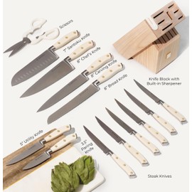 Styled Settings White Knife Set with Block and Sharpener – 14-Piece Ultra-Sharp High Carbon Stainless Steel Knives with Gold Triple Rivet White Handles and Ashwood Knife Block