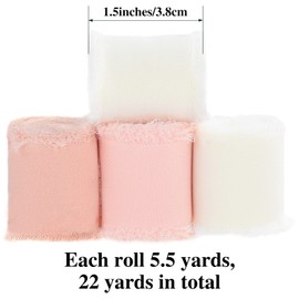 MIAHART 4 Rolls Chiffon Silk Ribbon White Pink Handmade Fringe Chiffon Ribbon 1.5 Inch Wide Frayed Ribbon for Wedding Bridal Bouquets Baby Shower Christmas Decor