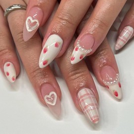 Press on Nails Medium Almond Fake Nails French Tip Nails Press ons Glossy Glue on Nails Nude False Nails with Heart Strawberry Designs White Full Cover Stick on Nails for Women 24Pcs