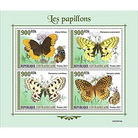 Central Africa - 2021 Butterflies, Apollo, Fritillary - 4 Stamp Sheet - CA210312a