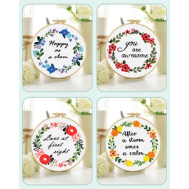 ERKOON 4 Sets Embroidery Kit, Flower Cross Stitch Set for Include Embroidery Cloth Hoops Threads for Craft Lover Hand Stitch (Blessing)