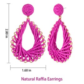 Boho Raffia Teardrop Earrings for Women - Handmake Statement Raffia Dangle Earrings, Summer Beach Vacation Jewelry (A-Pink)