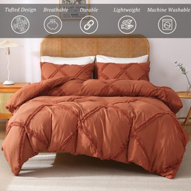 MILDLY Boho Duvet Cover Pumpkin - Tufted Comforter Cover Set Geometric Textured Queen Size Bedding Set with Corner Ties & Zipper Closure