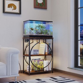 HavenlyYouth 10 Gallon Aquarium Stand with Power Outlet, 3 Tier Heavy Duty Metal Fish Tank Stand with Storage, Fish Tank Table for Home Office, 21.3" x 11.8" x 29", Rustic Brown