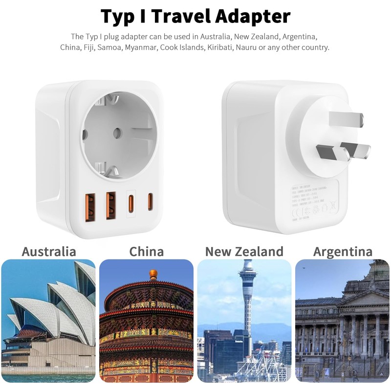 Oliveria Adapter Australia, 5 in 1 Travel Adapter Australia with