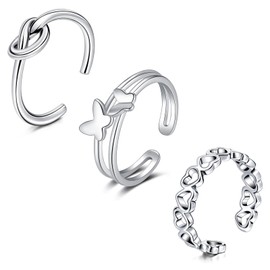 WillTen 3Pcs Silver Toe Ring Stainless Steel Adjustable Bend Open Toe Ring, Heart Butterfly Leaf CZ Toe Finger Tail Ring Summer Beach Foot Jewelry Set for Women Men