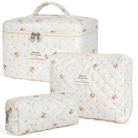 Makeup Bag,3 PCS Cotton Quilted Cosmetic Bag Set,Large Travel Makeup Bag for Women,Cute Toiletry Pouch Tote Purse Organizer